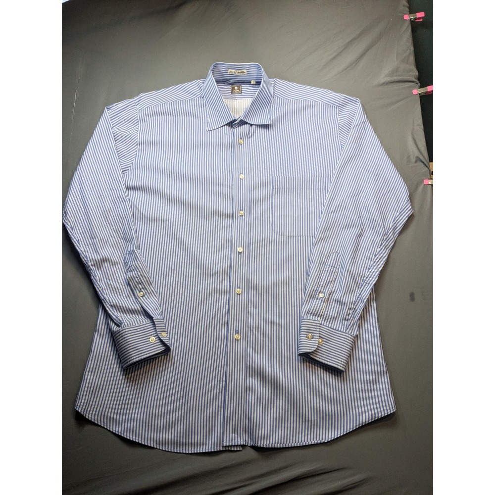 Peter Millar Mens Blue White Striped Cotton Button Down Dress Shirt Size 16 L